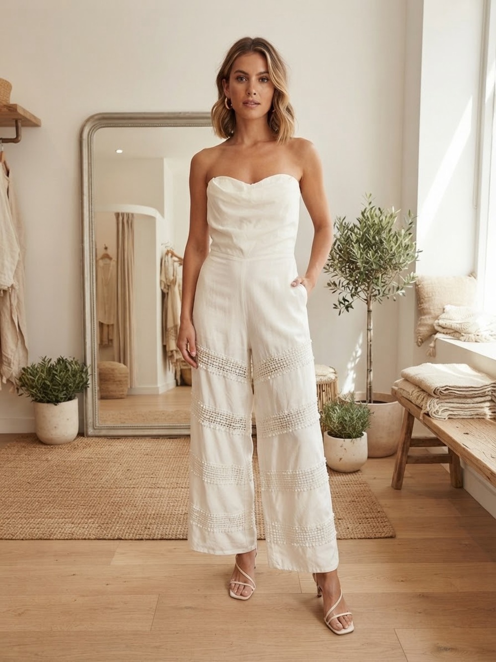 6 Shore road Strapless White Wide-Leg Jumpsuit with Lace Insets